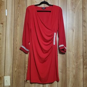 Dress 8 Petite Rhinestones Stretch Red V-Neck Long Sleeve Retro Chic Mobwife
